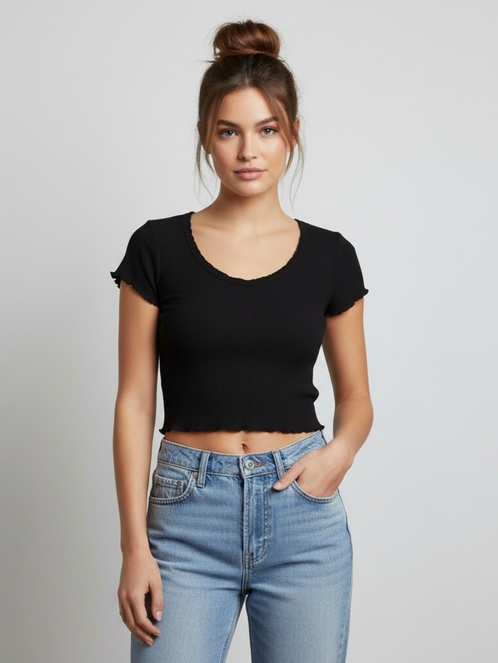 Pink Rose | Black waffle knit baby tee size large